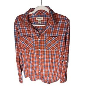 RuffHewn Mens Orange Blue Plaid Cotton Button Down Roll Tab Sleeve Shirt M